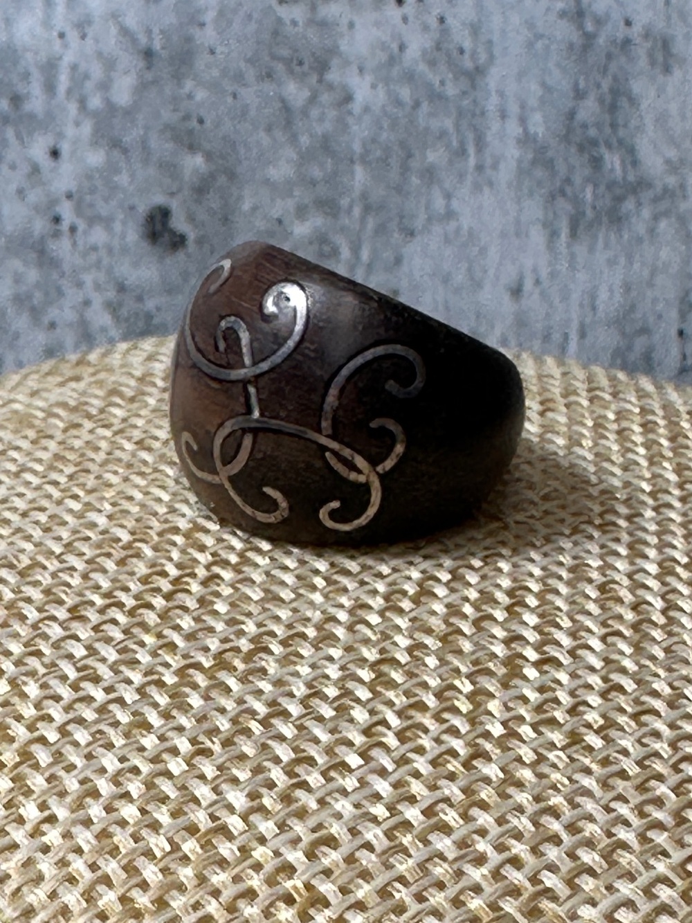 Wide Curved Brown Wood Ring with Silver Scroll Engraving Size 6